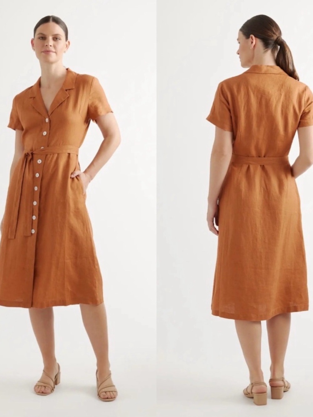 Quince Rust Orange Button-Front Midi Shirt Dress